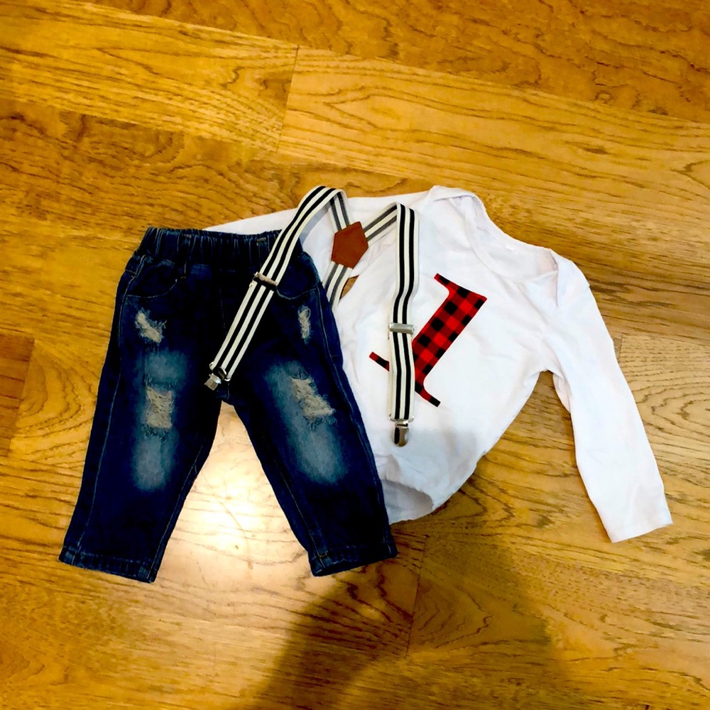 First birthday boys lumber Jack outfit with suspenders